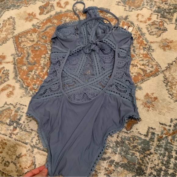 Becca by Rebecca Virtue periwinkle blue crochet halter tie one piece swimsuit π©΅ - Picture 10 of 16